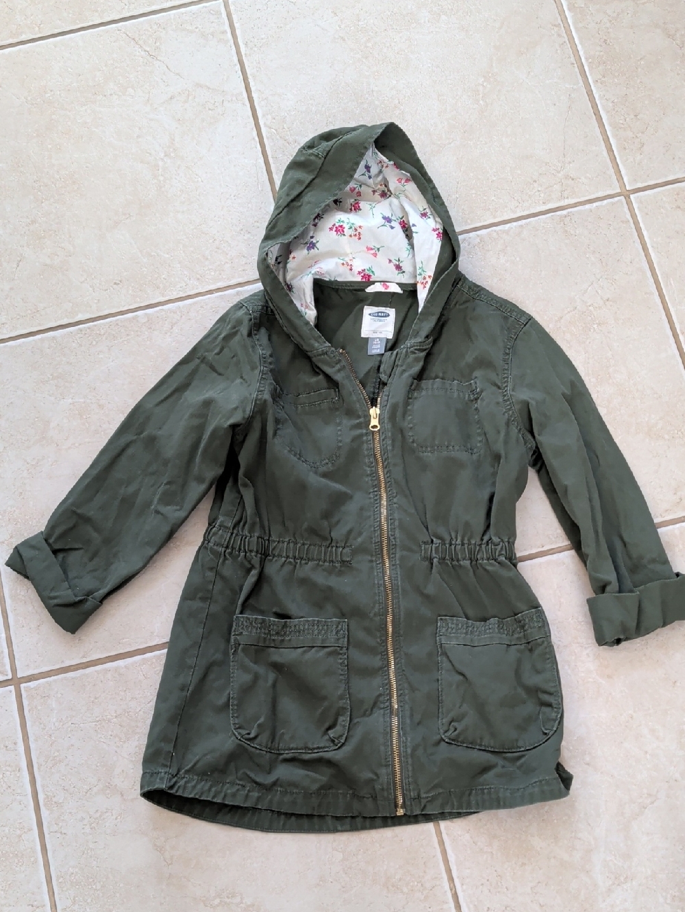 Old Navy Olive Green Hooded Girl Size 10 Jacket with Floral Lining